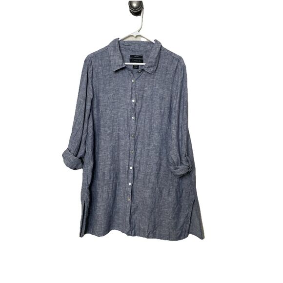 Tahari Blouse 2X 100% Linen Button Up 3/4 Sleeve Tunic Top Roll Sleeve Top Blue - Picture 1 of 11